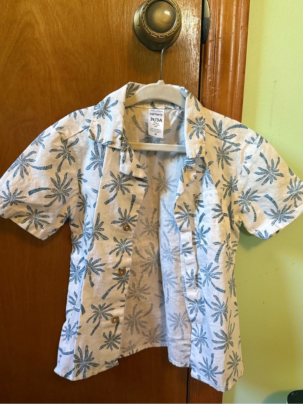 Carter's White Short-Sleeve Button-Down Shirt with Blue Palm Print